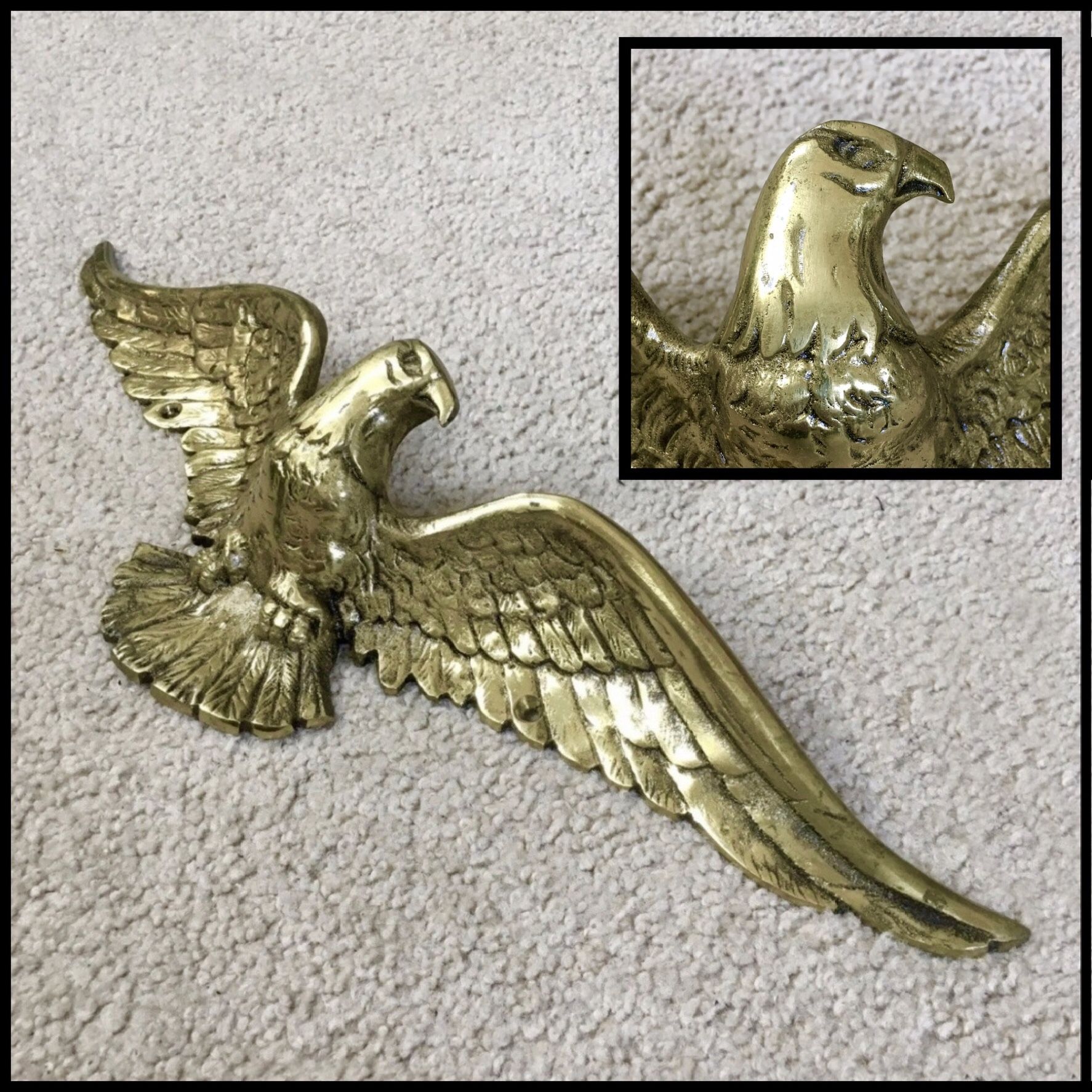 Vintage 1960s Brass Bald Eagle Wall Mount Plaque 3D Figurine Wingspan 19.75”