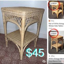 $45 Vintage 70s Wicker Side Table/Stool 21” Tall by 13” in mint condition. 2 available both for $80