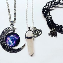 Lotus pink Quartz, moon Galaxy necklace and choker bundle