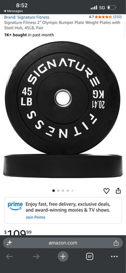 Signature Fitness 2" Olympic Bumper Plate Weight Plates with Steel Hub, 45LB, Pair
