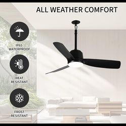 New Modern 44'' Indoor-Outdoor Ceiling Fan with Dimmable 3-Color LED Light, IP65 Waterproof for Patios Gazebos,Quiet DC Motor with 6 Speeds and Revers