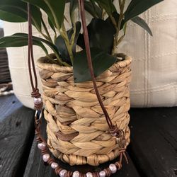 Lavender Pearls With Hand Tied Leather In Brown