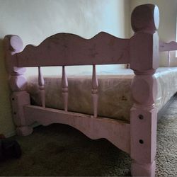 Pink Wood Bed Frame + Vanity Mirror Desk