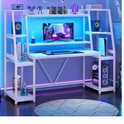 White Gaming Desk With Shelves 