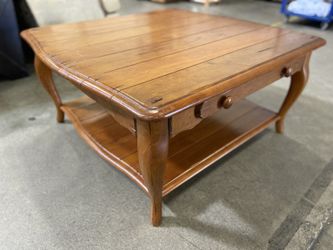 Large Square 2 Tier Warm Honey Finish Wooden Coffee Table with Drawer and Cabriole Style Legs
