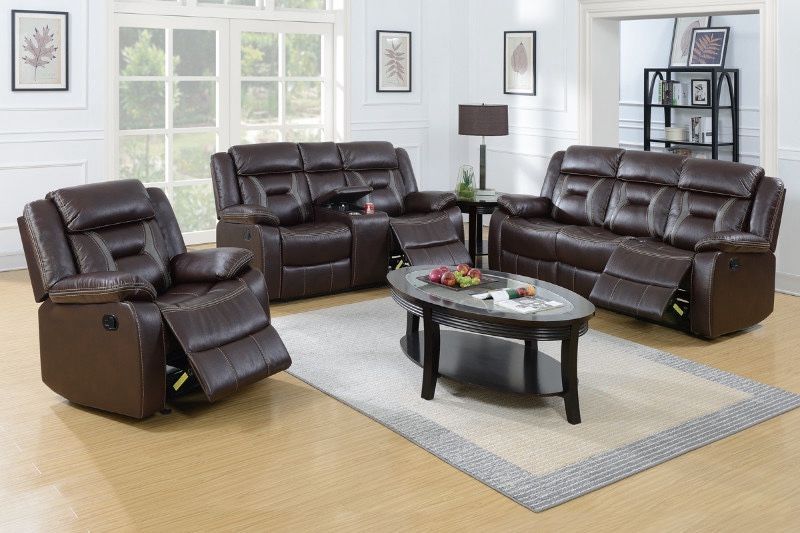Brown Faux Leather Sofa Set With Manual Recliner