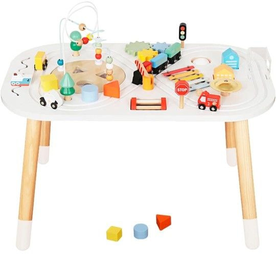 Baby Activity Cubes for Kids,Toddler Activity Cubes&Activity Center Table with Wooden Bead Mazes，Mini Toy Car,Gears&Blocks|Wooden Desk Play Table as M