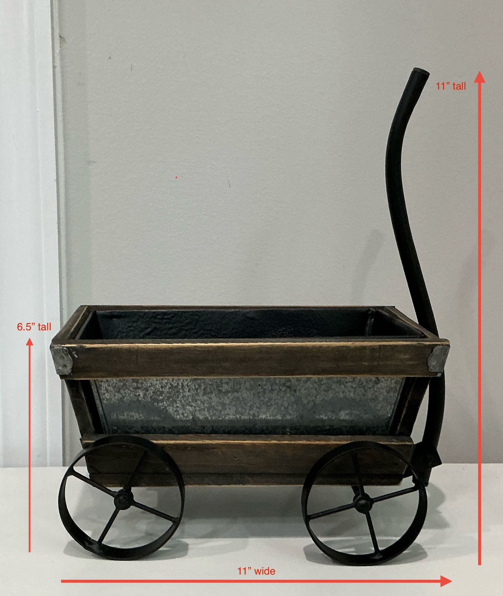 3 Piece Brown Wood & Black Metal Plant Holder Wagon with Weatherized Aluminum Insert