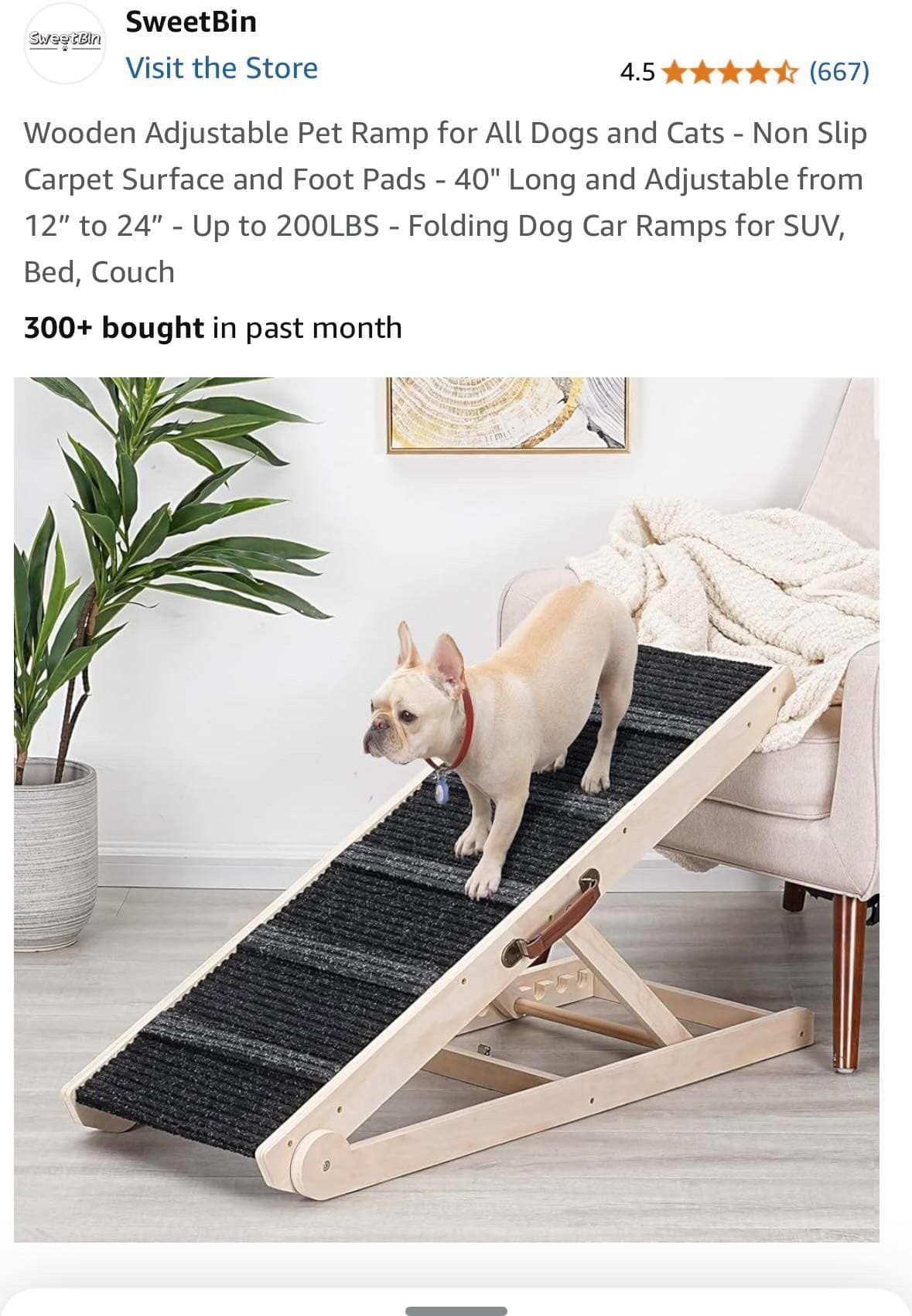 SWEETBIN Wooden Adjustable Pet Ramp 40” Long Adjustable 12-24” Up To 200 Lbs New In Box