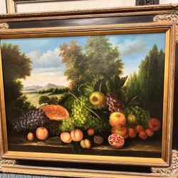 Gorgeous Still Life Fruit Landscape Framed Oil Painting 40 X 49”