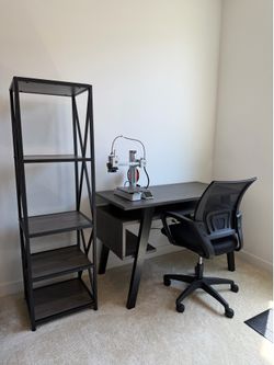 Gray & Black Office Desk, Bookcase Shelf & Chair Set