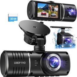 Brand New Dash Cam Front and Rear, 1080P Dash Camera for Cars, 3 Channel Car Camera Front Rear and Inside with 32GB Card, Loop Recording, Night Vision