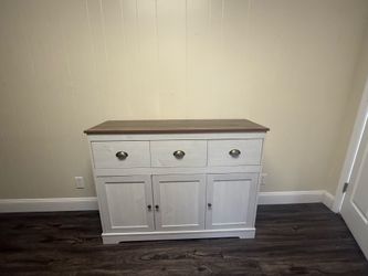 Off-White Farmhouse Style Cabinet with Wood Top
