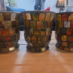 Vintage Mosaic Amber Glass Candle Holders set of 3