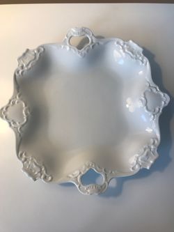 Antique Alboth & Kaiser Germany Porcelain Embossed White Handled Square Tray/Serving Platter with Scalloped Edges 12.5” x 12.5”