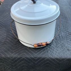 Vintage Enamel Bucket  W Wooden Handle
