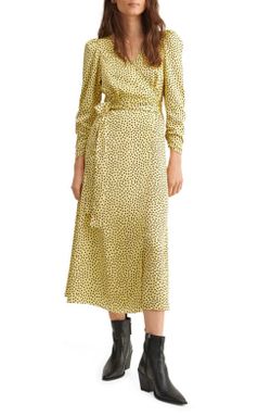 Mango Yellow & Black Dots Print Wrap Midi Dress Puff Sleeve Size Medium New