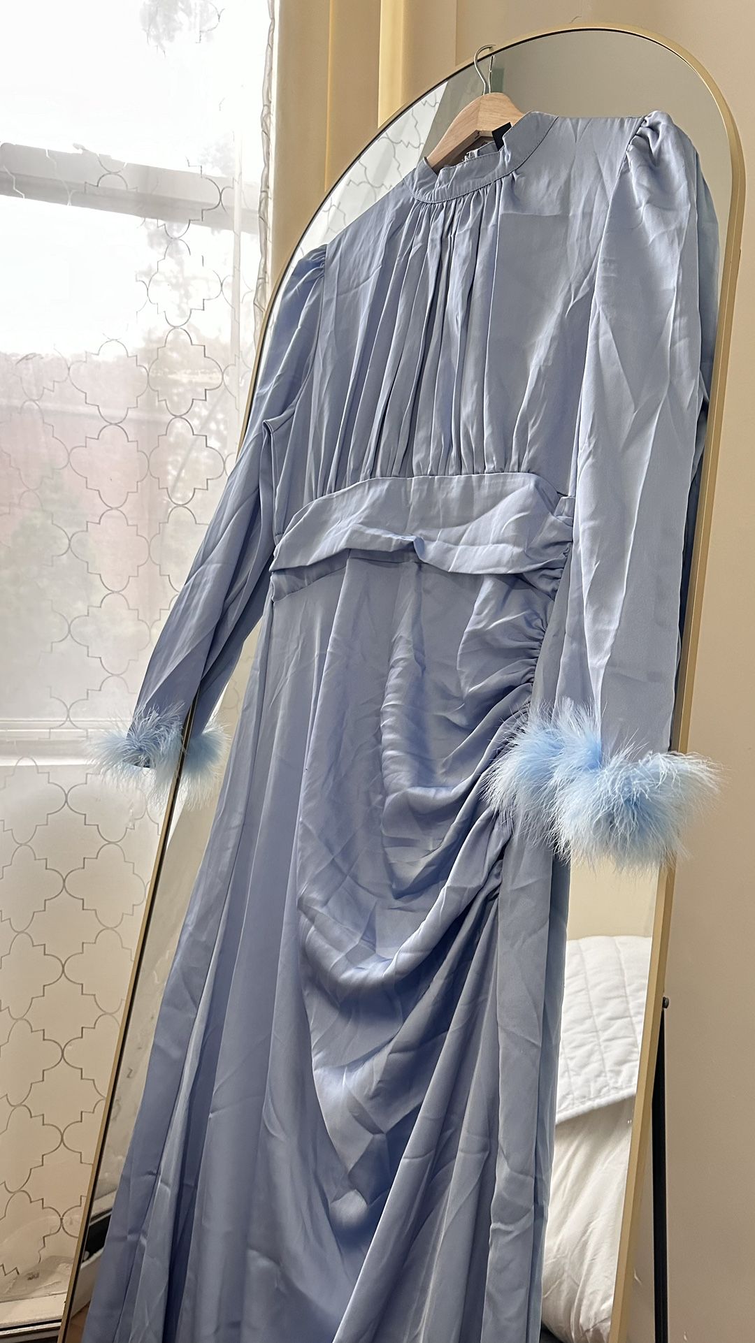 Satin Blue Feather-Cuff Maxi Dress