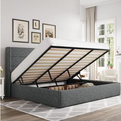 King bed Lift Up Hydraulic Storage Bed Frame Dark Grey
Modern Wingback Headboard, Hydraulic Support Storage, No Box Spring Needed