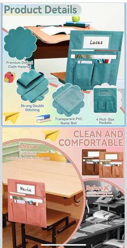 Small Chair Pockets for Preschool/ Daycare - Chair Covers with name tag and pockets 