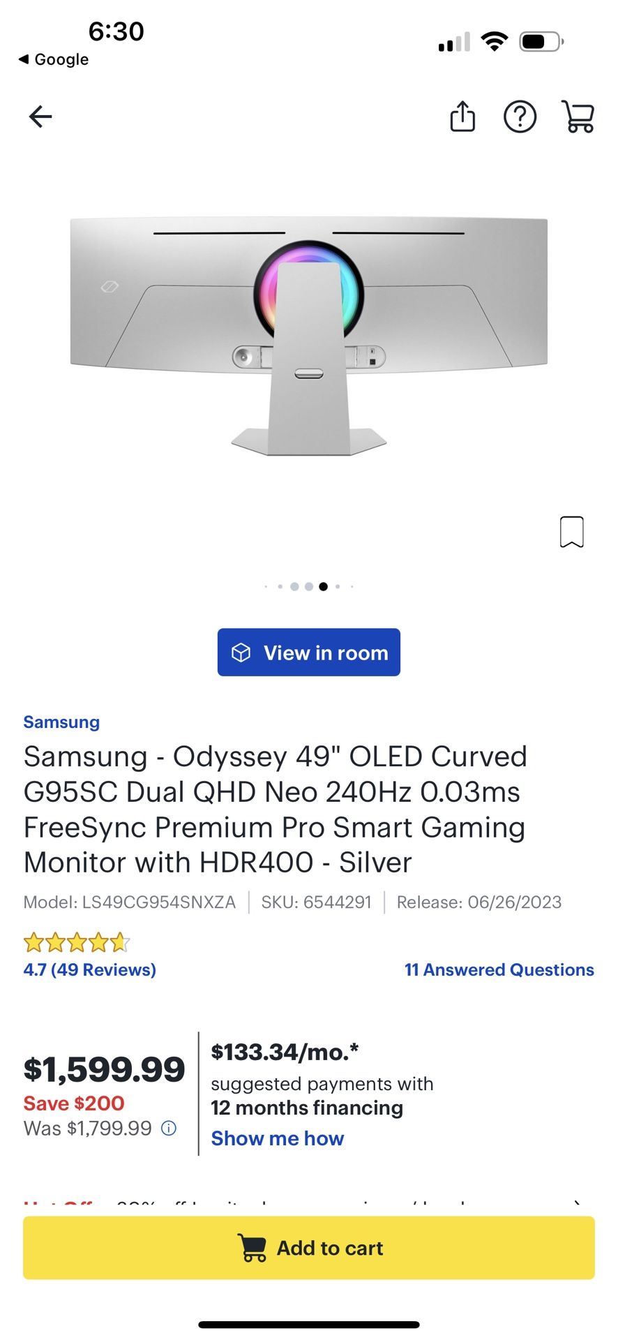 Samsung - Odyssey 49" OLED Curved G95SC Dual QHD Neo 240Hz 0.03ms FreeSync Premium Pro Smart Gaming Monitor with HDR400 - Silver