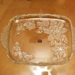 Vintage Christmas New In Box Mikasa Crystal Poinsettia Oblong Handled Tray With Mikasa Sticker Attached 