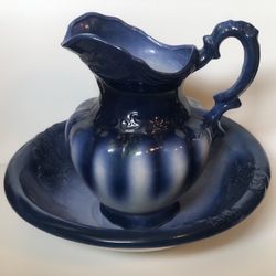 Vintage Antique Cobalt Blue Pitcher Wash Basin
