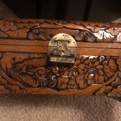 Hand carved Wooden Box W/ lock&key