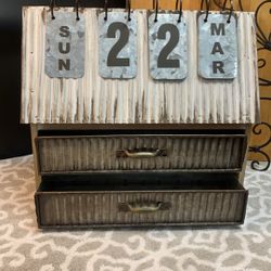 11.5” X 5 X 11” Unique Wood & Tin Farm Flip Calendar, With Double Drawers 