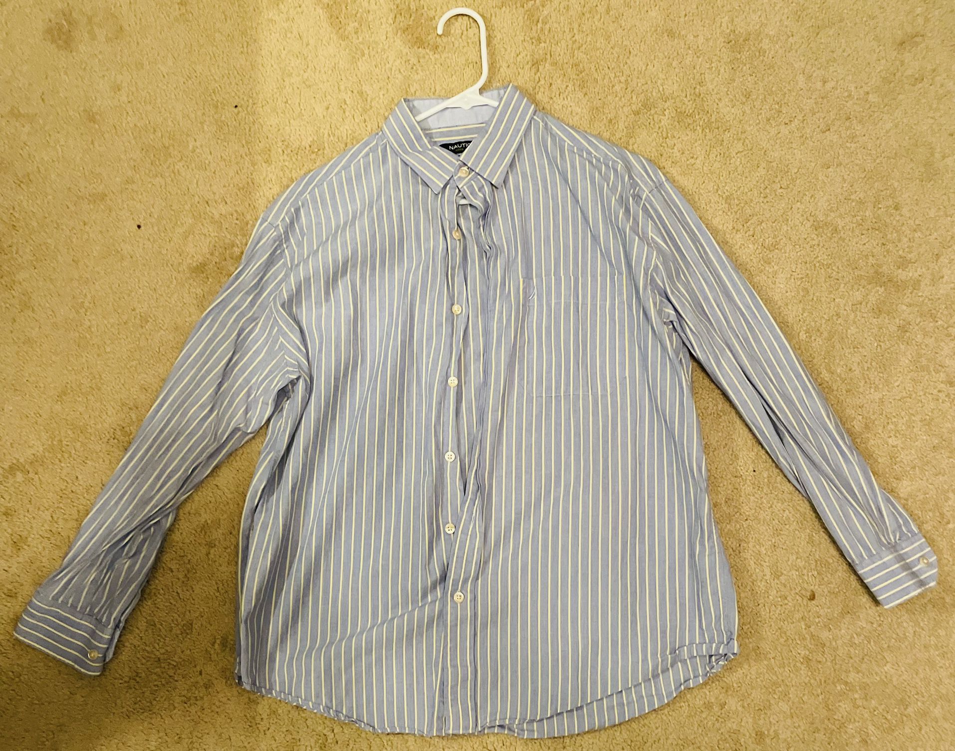 Nautica Classic Fit Large 16 1/2 32-33 Light Blue & Yellow Striped Men’s Button-Up Dress Shirt; 100% Cotton