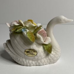 Vintage Porcelain China Boutique Swan with Flowers 4” Long X 3” Tall