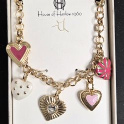 House Of Harlow 1960 Gold And Pink Heart Charm Necklace Valentines