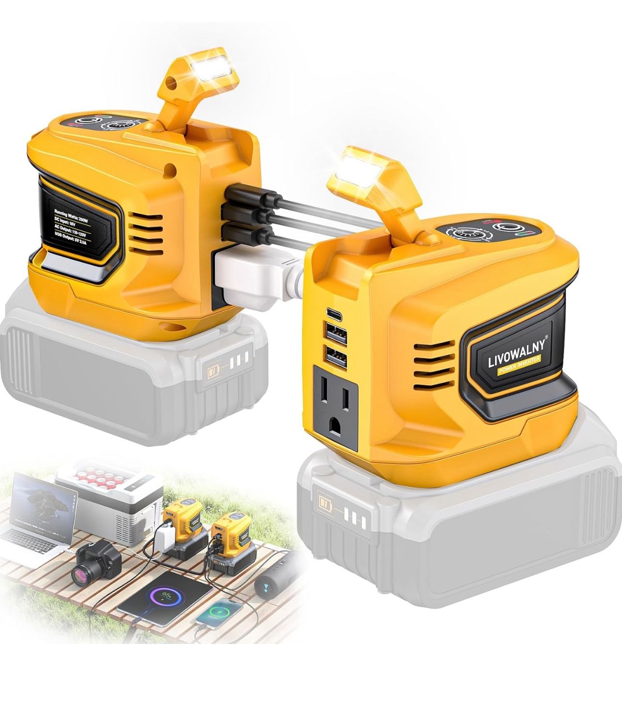 Brandnew 2PCS Real 200W Power Inverter for DeWalt, LIVOWALNY DC 20V to AC 110-120V Battery Inverter, Portable Battery Adapter Phone Charger Converter