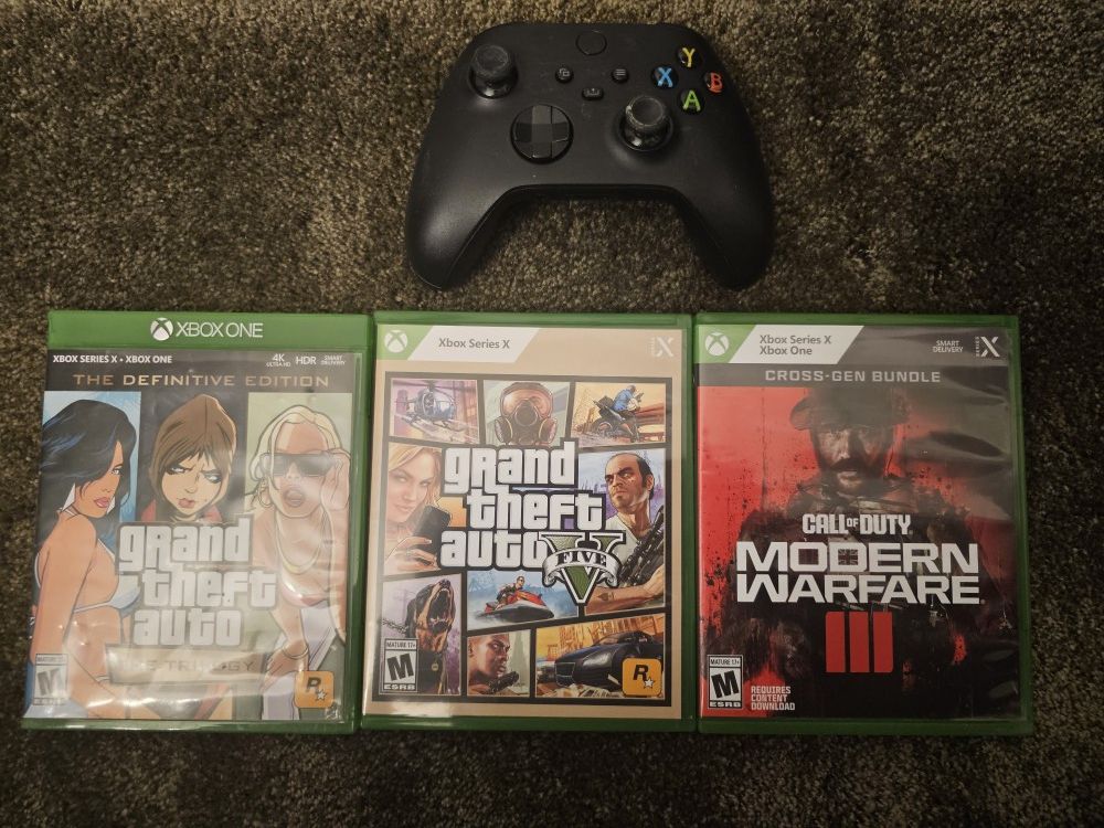 xbox-x/xbox-one: wireless controller In 3 games, first game is Call of Duty Modern Warfare. And 2 Gta Games, grand theft auto five and Trilogy 