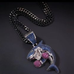 Exquisite Micro Pave 14K Gold Plated Purple Blue Cubic Zirconia Boxing Shark Pendant With 24" Rope Chain Necklace