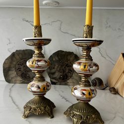 Mid Century Candlestick Holders - Ceramic and Brass