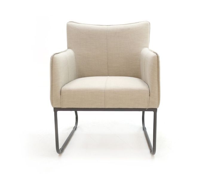 Modern Beige Upholstered Armchair with Grey Metal Base – Contemporary Accent Lounge Chair