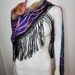 Beautiful Floral Black/Multi Colored Shawl With Fringe May Be Vintage  40” X 40”