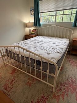 Queen Size White Metal Bed Frame and Mattress