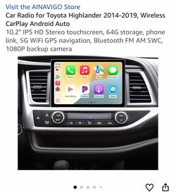 Car Radio for Toyota Highlander 2014-2019, Wireless CarPlay Android Auto 10.2" IPS HD Stereo touchscreen, 64G storage, phone link, 5G WiFi GPS navigat