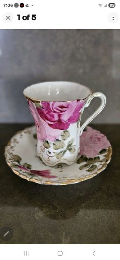 Antique Tea In Garden Hand Painted Roses Antique Austrian Porcelain Bone Cup & Saucer