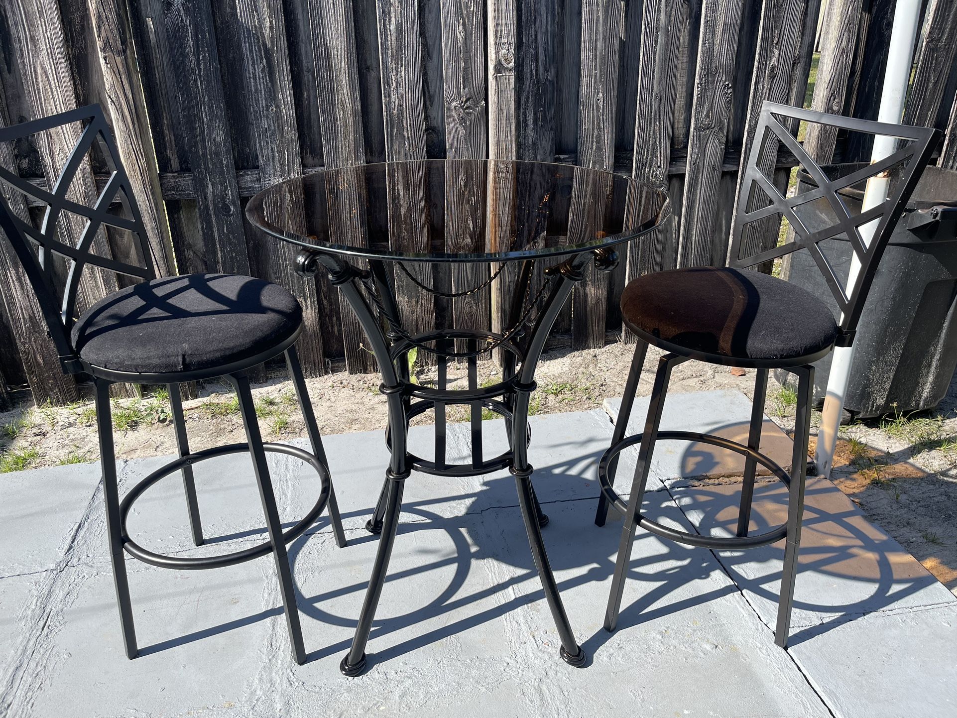 Two Metal Swivel Bar Stools 28” To Seat And Table 30”D X 36”H In Good Condition $70 Firm On Price