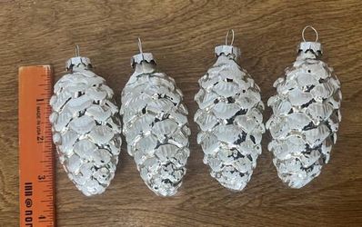 Vtg Set of 4 Mercury Glass Silver Blown Pinecone Ornaments White Frost