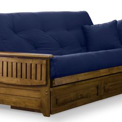 Futons - Brentwood Tray Arm Futon Frame, Drawers, and Navy Blue Mattress Set - Queen