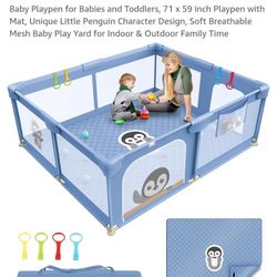 Baby Playpen for Babies and Toddlers, 71 x 59 inch Playpen with Mat, Unique Little Penguin Character Design, Soft Breathable Mesh Baby Play Yard for I