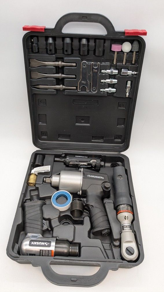 Husky 4- PC Air Tool Kit With 1/2" Impact, 3/8" Ratchet, Die Grinder, Hammer, Sockets, Chisels, Grinding Stones. (27 PCs)