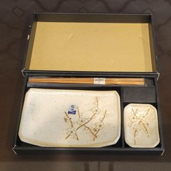 NEW Japanese Sushi Set Stoneware Dishes Cherry Blossom Design & Chopsticks