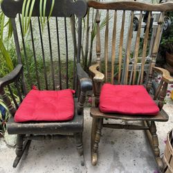 Two Antique Beautiful Wooden Spindle Windsor Rocking Chairs 