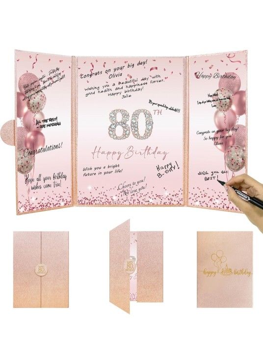 DARUNAXY Rose Gold 80th Birthday Party Decorations, Happy 80th Birthday Alternative Signature Guest Book for Women Pink Cheers to 80 Years Old Gifts 8