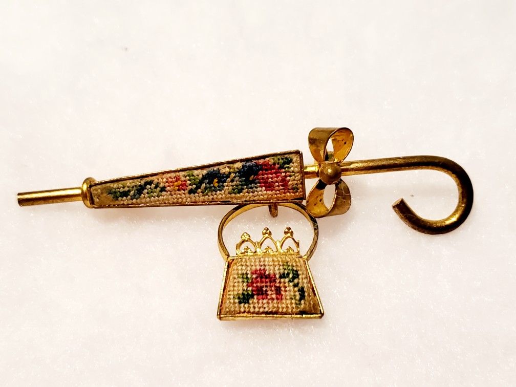 Vintage Needlepoint Pattern Umbrella and Purse Bag Brooch Pin